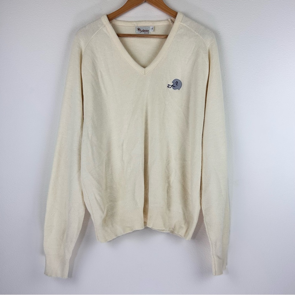 Vtg Solana Men’s Preppy Casual V-Neck Football Theme Sweater Size XL
